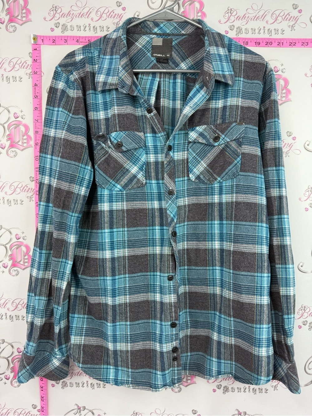 O'Neill long sleeve Teal & Gray Plaid Flannel Button-Down